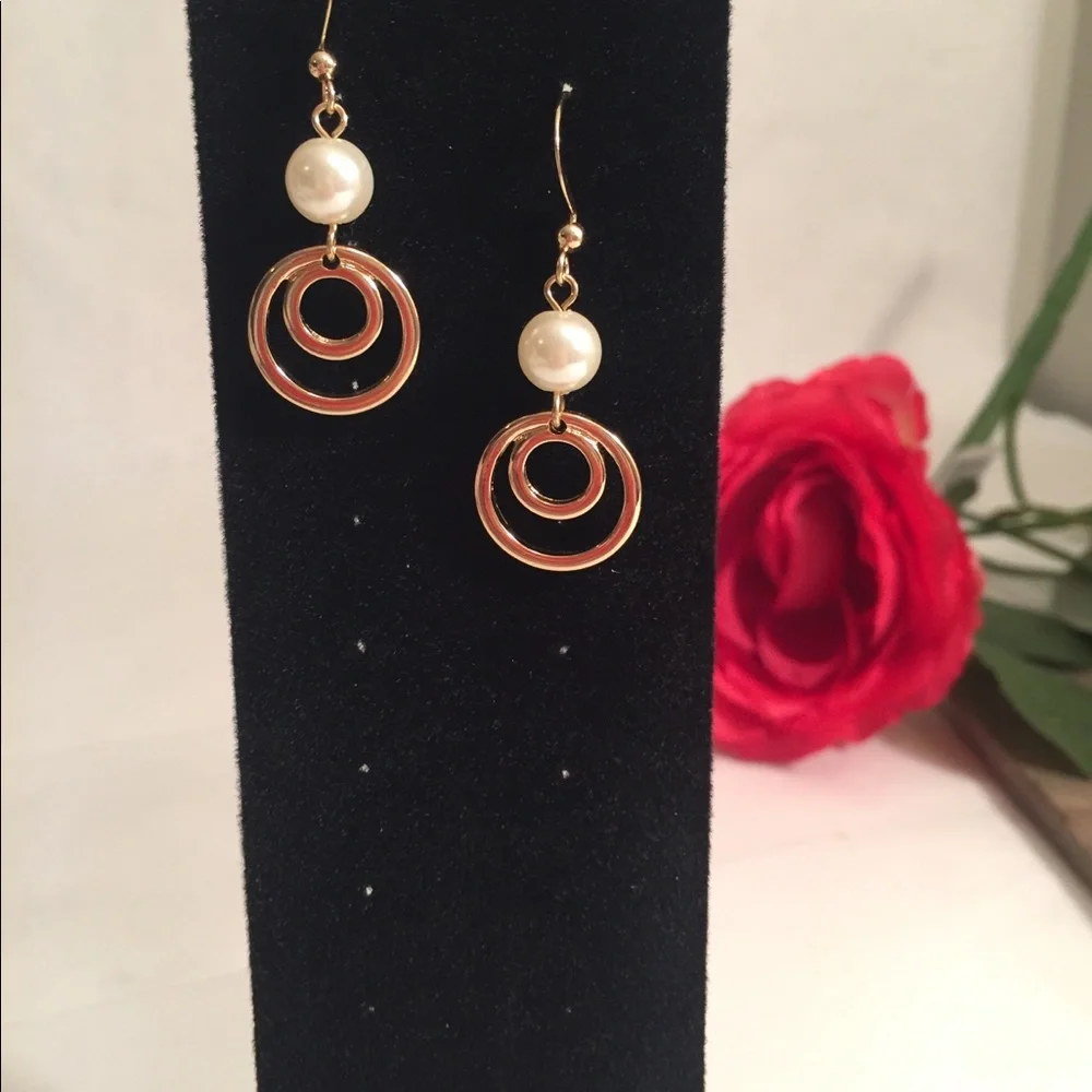 Gold-tone Circles and Pearl Drop Earrings Boho Style